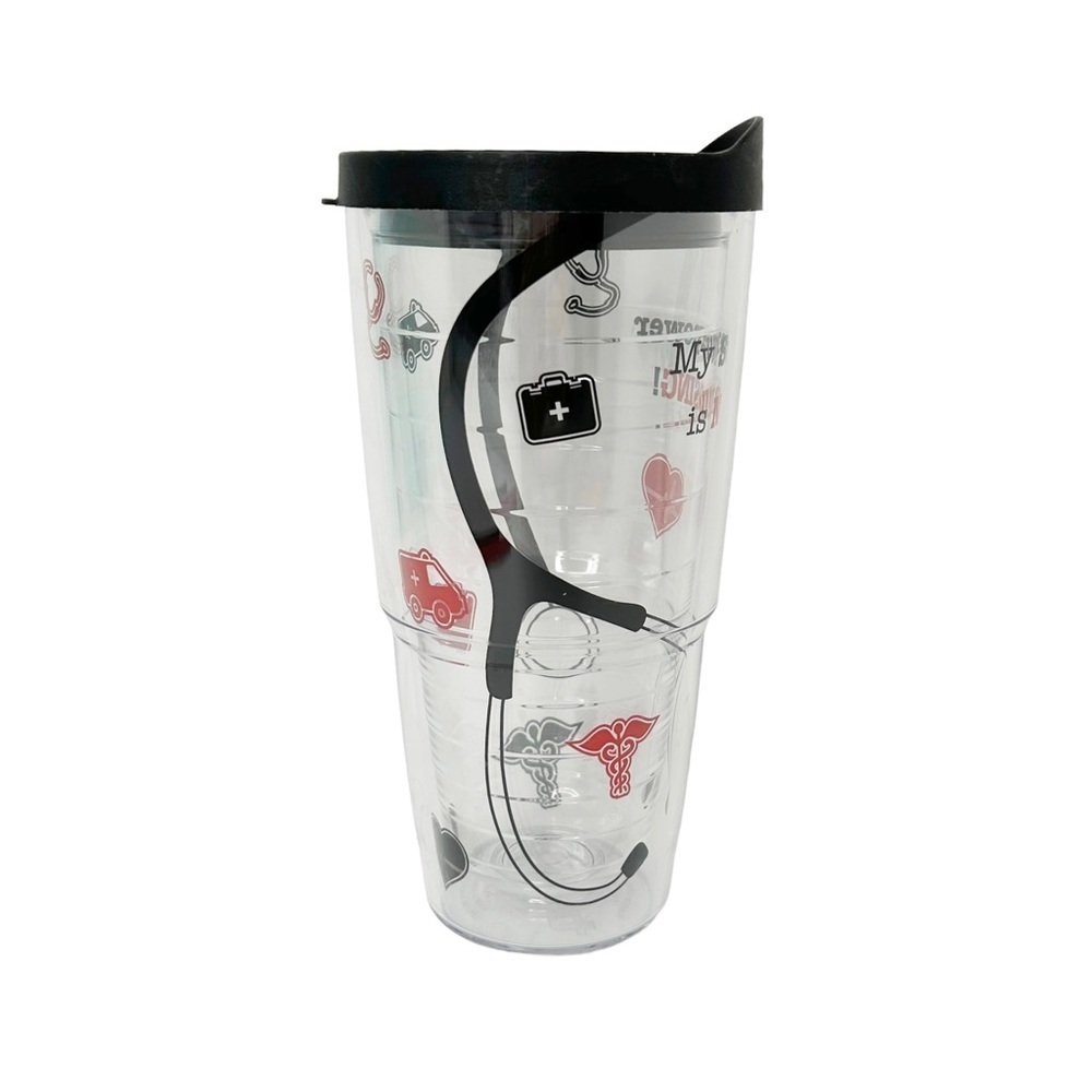 TERVIS Tumbler 24 oz. "MY SUPERPOWER IS NURSING!" Clear Black Red 2 FREE straws - Picture 5 of 7